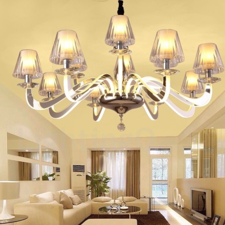 Dimmable Modern Contemporary 10 Light Steel Chandelier with Glass Shade