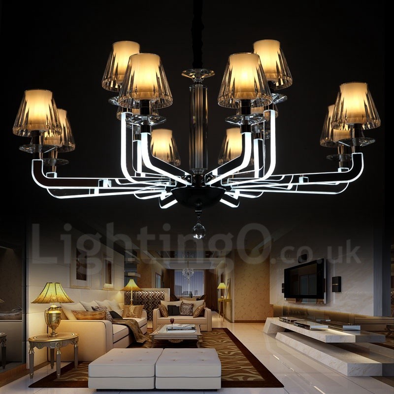Dimmable Modern Contemporary 12 Light Crystal Chandelier with Glass Shade