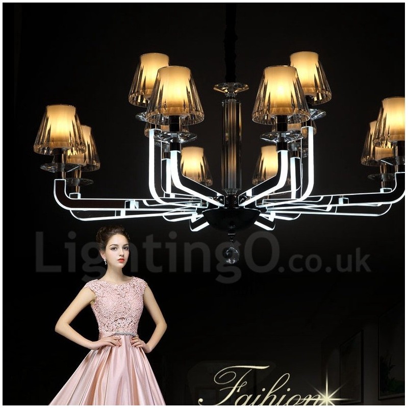 Dimmable Modern Contemporary 12 Light Crystal Chandelier with Glass Shade