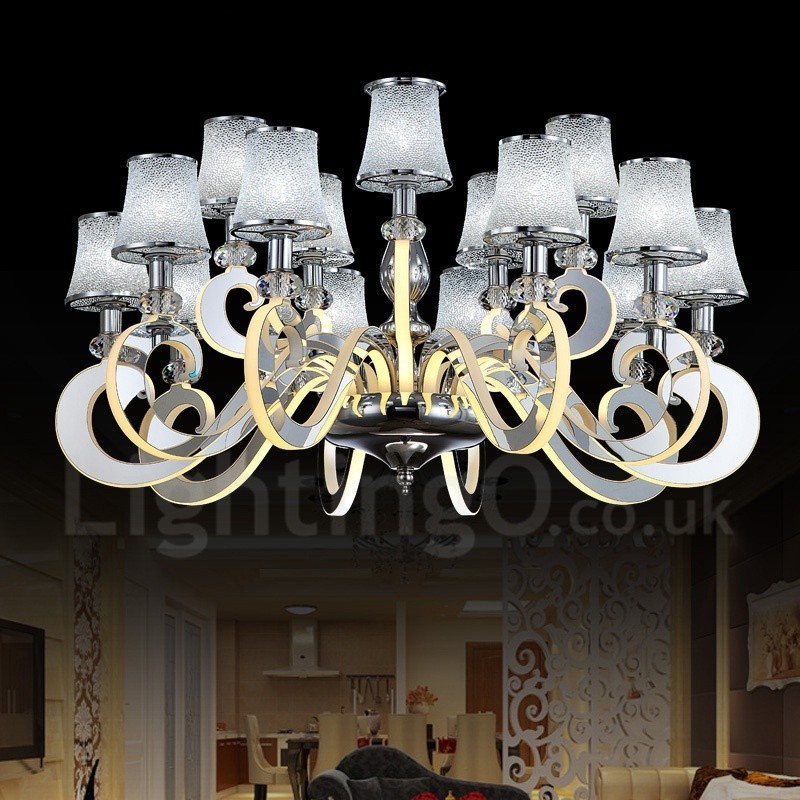 Dimmable Modern Contemporary 15 Light Steel Chandelier with Glass Shade