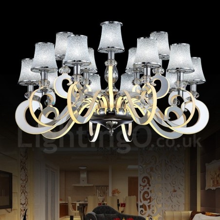 Dimmable Modern Contemporary 15 Light Steel Chandelier with Glass Shade