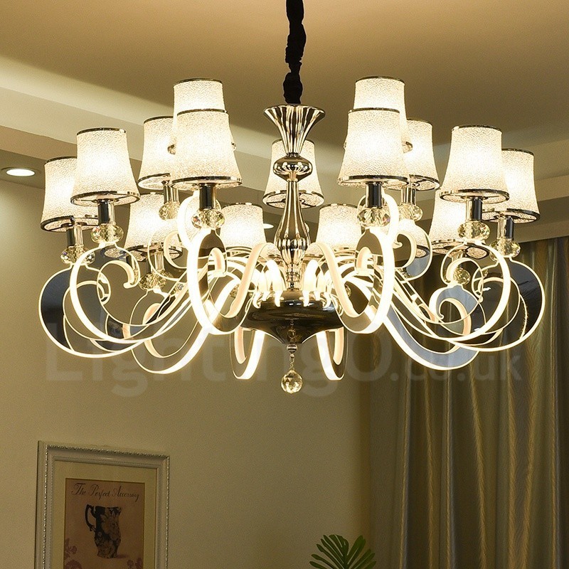 Dimmable Modern Contemporary 15 Light Steel Chandelier with Glass Shade