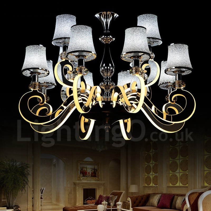 Dimmable Modern Contemporary 12 Light Steel Chandelier with Glass Shade