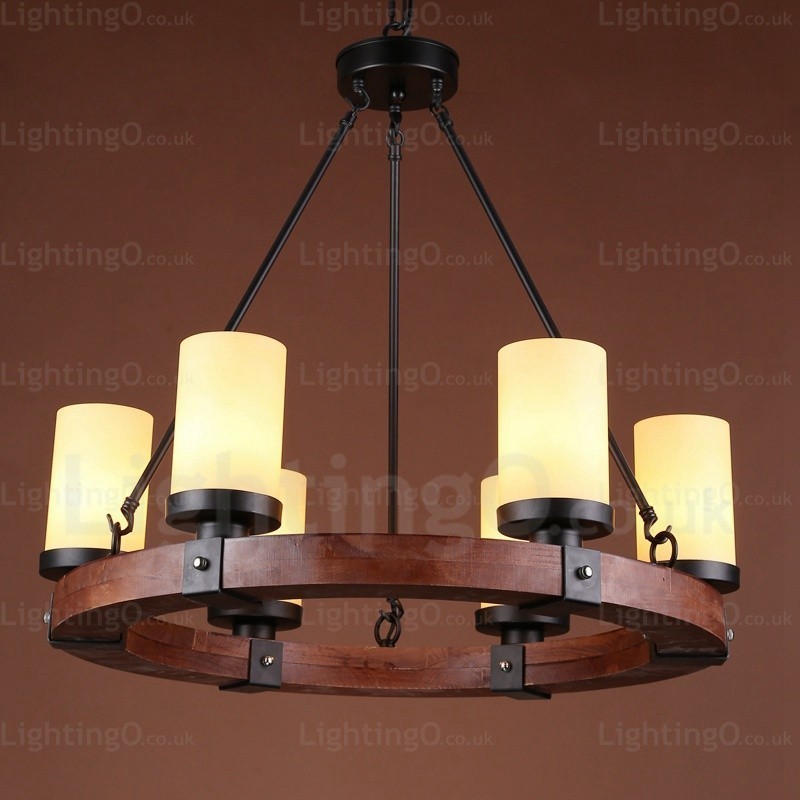 6 Light Country Rustic Pendant Light with Glass Shade