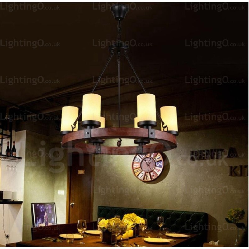 6 Light Country Rustic Pendant Light with Glass Shade