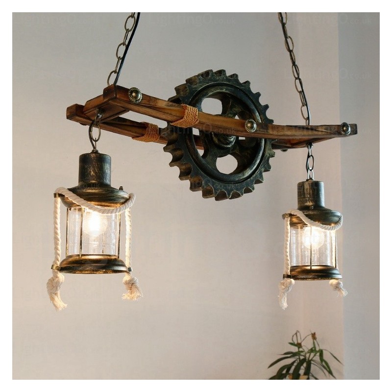 2 Light Country Rustic Vintage Retro Pendant Light with Glass Shade