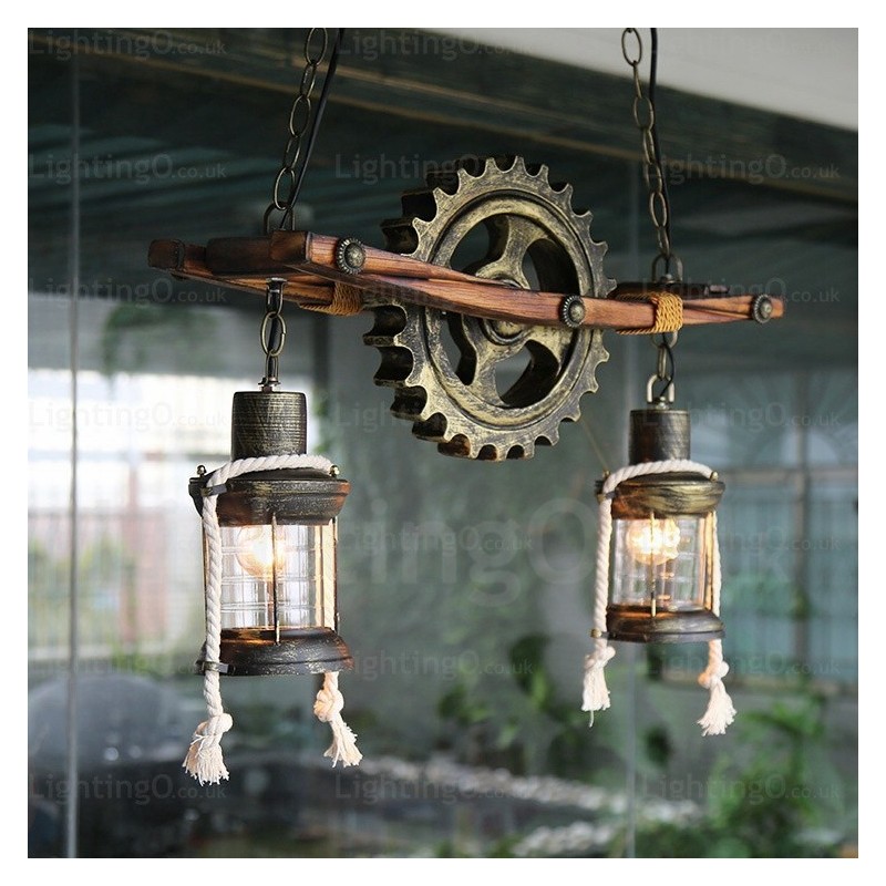 2 Light Country Rustic Vintage Retro Pendant Light with Glass Shade