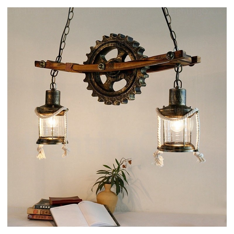 2 Light Country Rustic Vintage Retro Pendant Light with Glass Shade