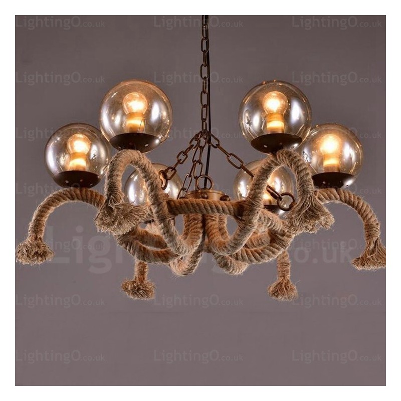 6 Light Vintage Retro Pendant Light with Glass Shade