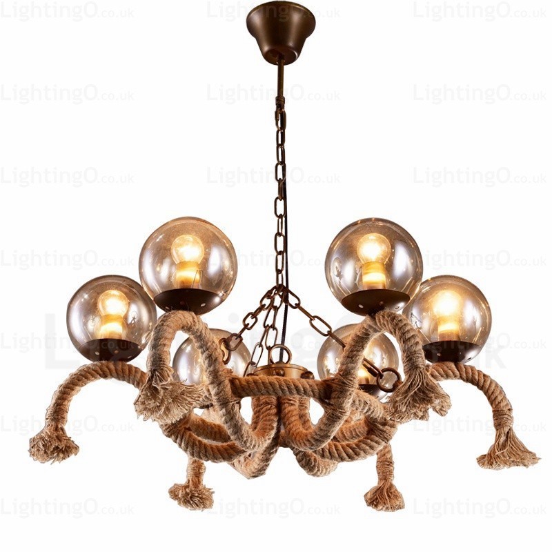 6 Light Vintage Retro Pendant Light with Glass Shade