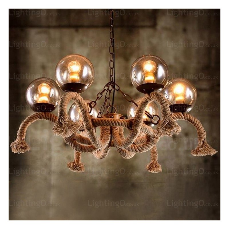 6 Light Vintage Retro Pendant Light with Glass Shade
