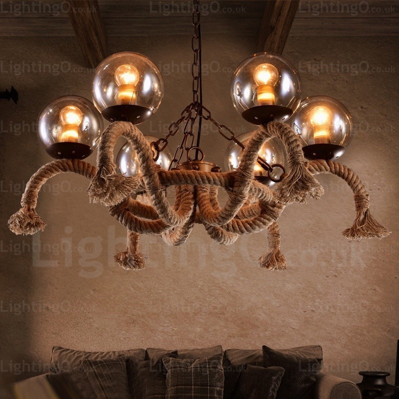 6 Light Vintage Retro Pendant Light with Glass Shade