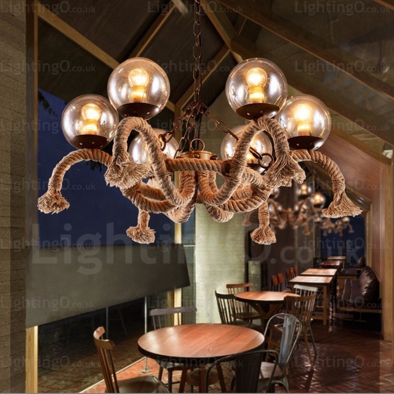 6 Light Vintage Retro Pendant Light with Glass Shade