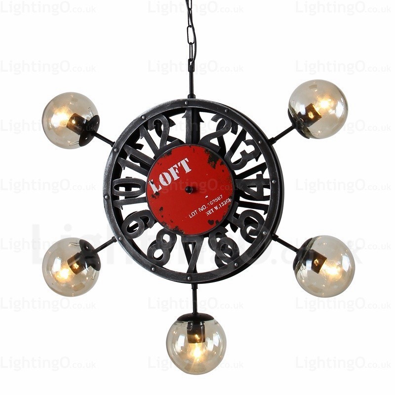 5 Light Vintage Retro Pendant Light with Glass Shade