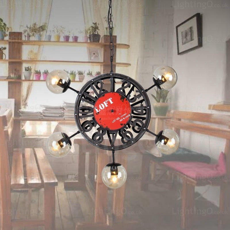 5 Light Vintage Retro Pendant Light with Glass Shade