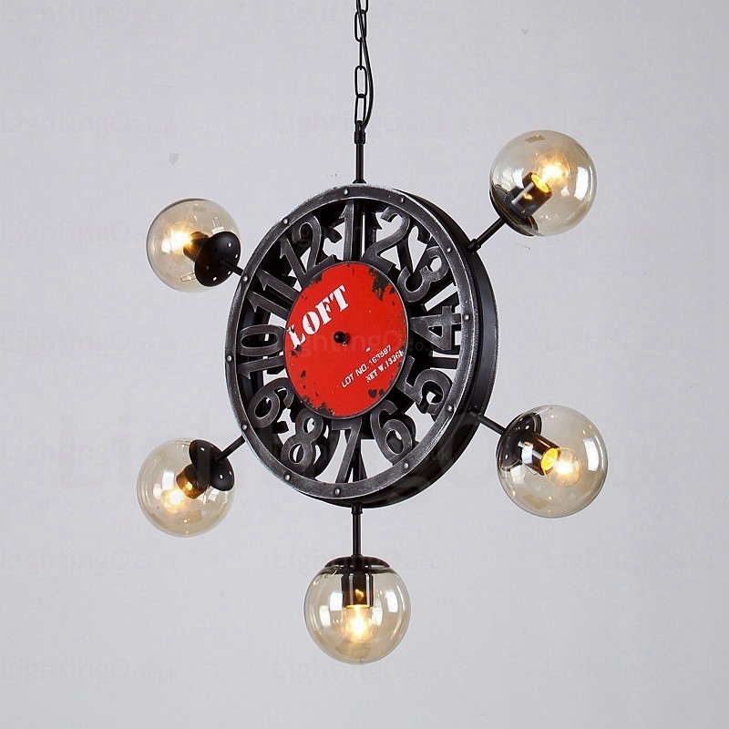 5 Light Vintage Retro Pendant Light with Glass Shade