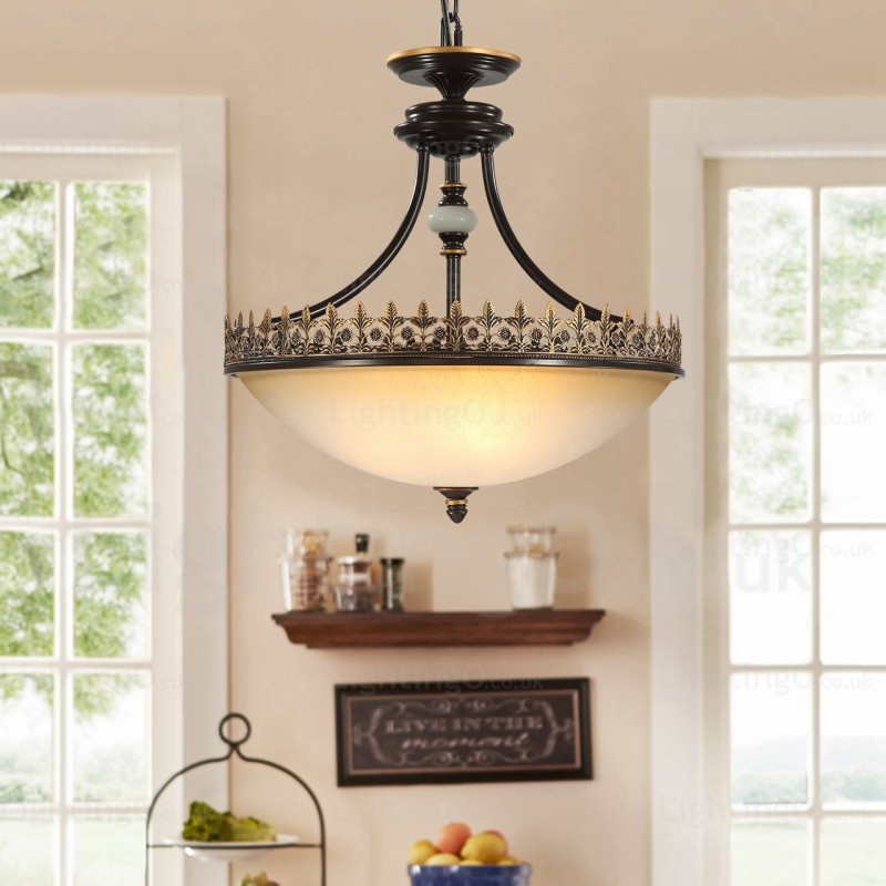 3 Light Country Rustic Pendant Light with Glass Shade