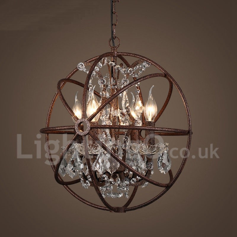 4 Light Diameter 40CM Vintage Crystal Globe Painting Metal Chandelier Rusty Colour Pendant Light