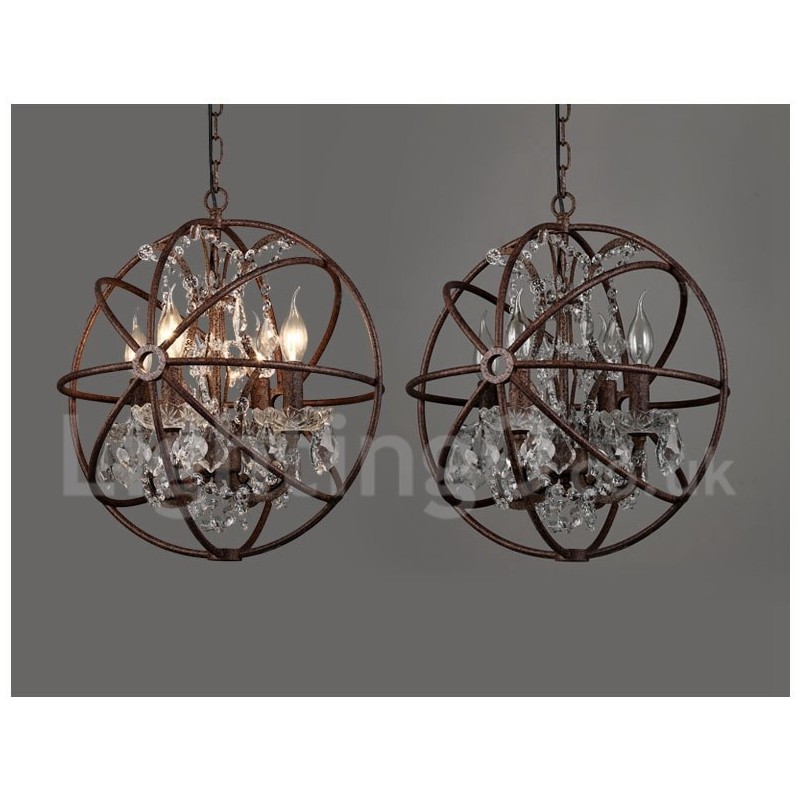 4 Light Diameter 40CM Vintage Crystal Globe Painting Metal Chandelier Rusty Colour Pendant Light