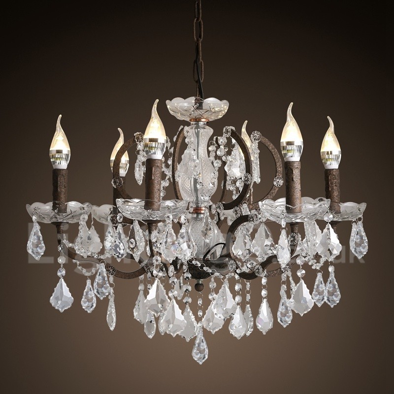 6 Light Diameter 60CM Vintage Crystal Painting Metal Chandelier Rusty Iron Colour Pendant Light