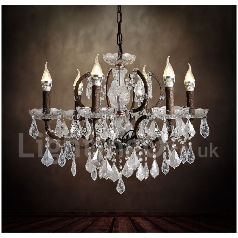 6 Light Diameter 60CM Vintage Crystal Painting Metal Chandelier Rusty Iron Colour Pendant Light