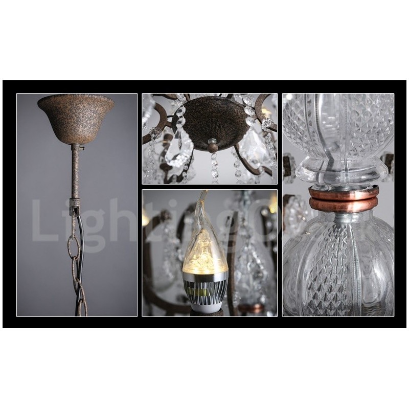6 Light Diameter 60CM Vintage Crystal Painting Metal Chandelier Rusty Iron Colour Pendant Light
