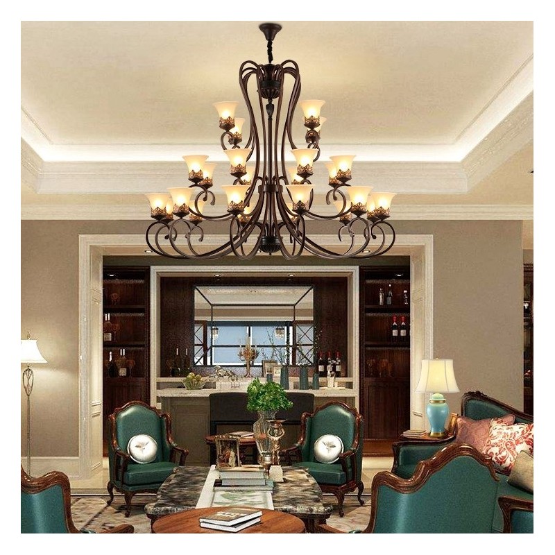 24 Lights High Ceiling Vintage Country Island Painting Metal Chandelier with Glass Shades Hight Ceiling