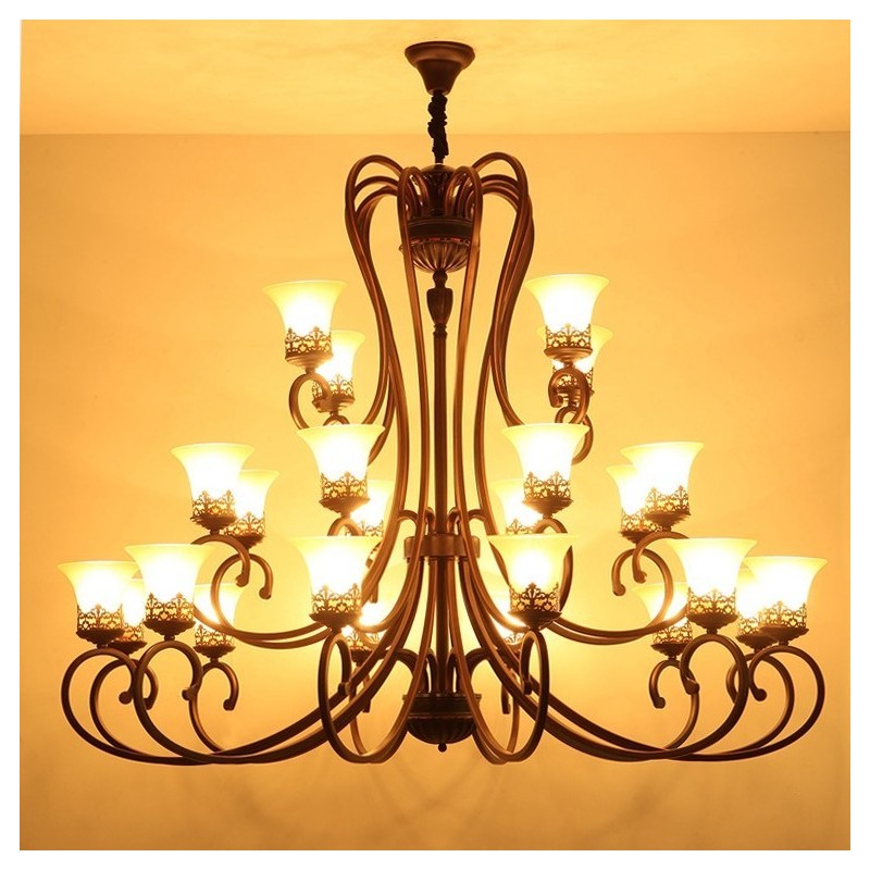 24 Lights High Ceiling Vintage Country Island Painting Metal Chandelier with Glass Shades Hight Ceiling