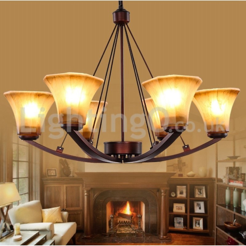Rustic 6 bulbs Glass Lamp shade Stainless Chandelier