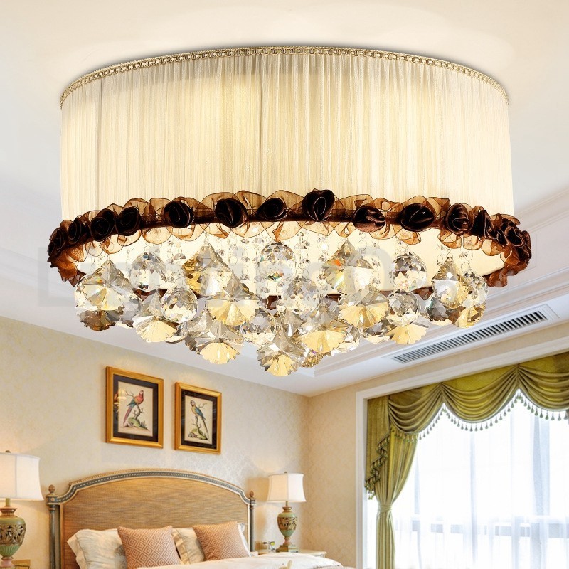 Contemporary Modern 50CM Round Flush Mount Crystal Ceiling Lights Fabric Shade