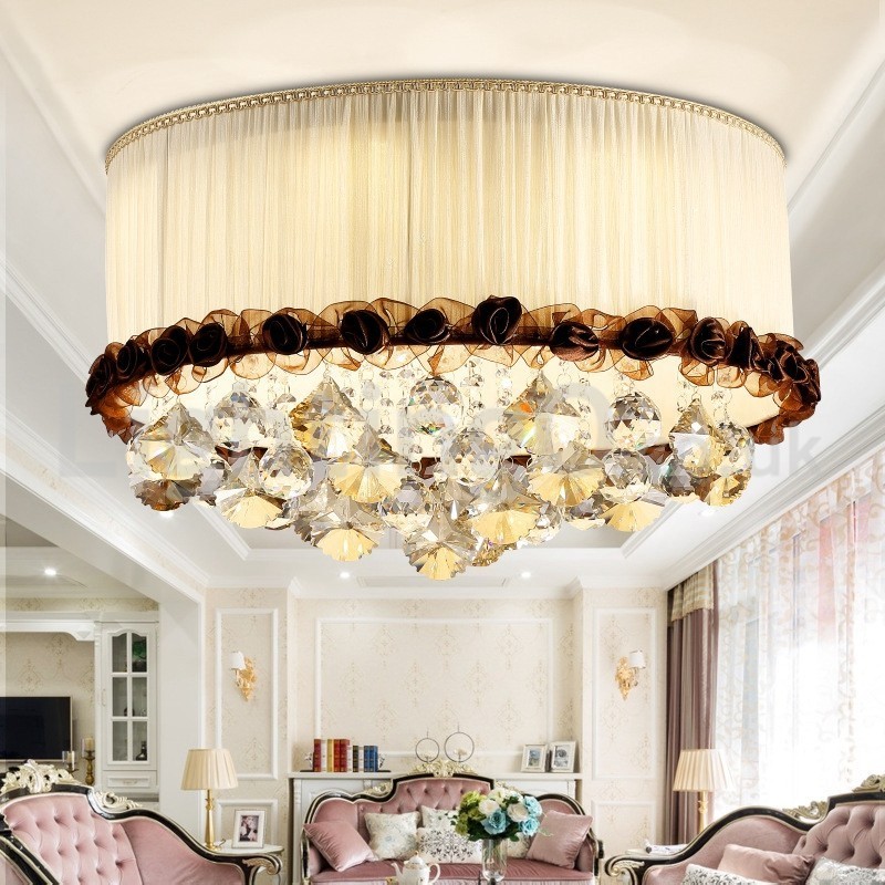 Contemporary Modern 50CM Round Flush Mount Crystal Ceiling Lights Fabric Shade