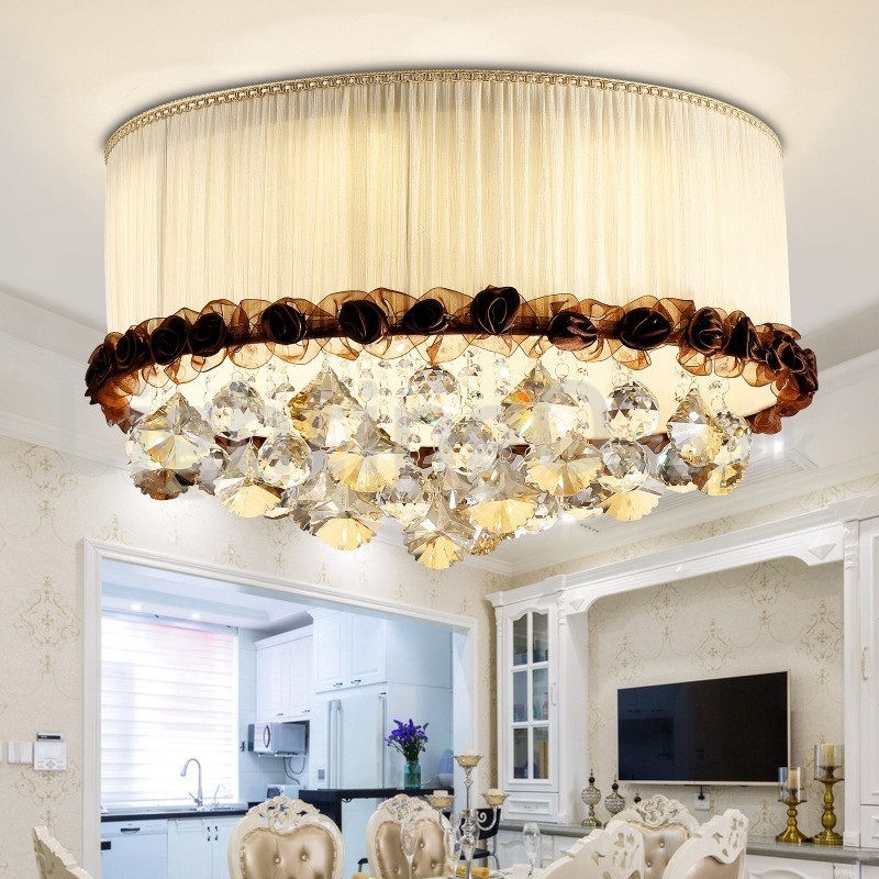 Contemporary Modern 50CM Round Flush Mount Crystal Ceiling Lights Fabric Shade
