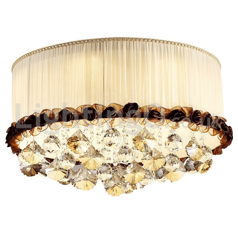 Contemporary Modern 50CM Round Flush Mount Crystal Ceiling Lights Fabric Shade