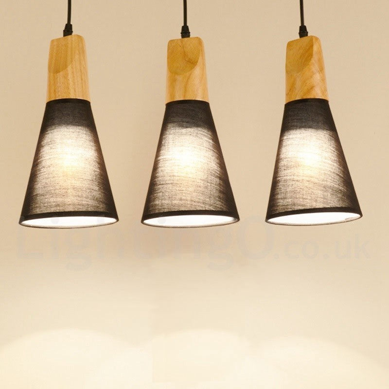 Wood Modern 1 Light 3 Lights Pendant Light with Fabric Shade