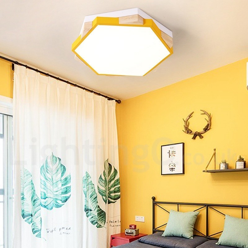 Dimmable Multi Colours Hexagon Wood Ceiling Light with Acrylic Shade Ceiling Lamp Nordic Style