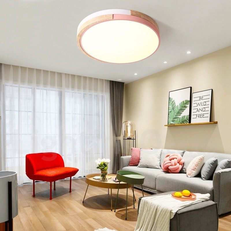 Dimmable Multi Colours Round Wood Ceiling Light with Acrylic Shade Ceiling Lamp Nordic Style