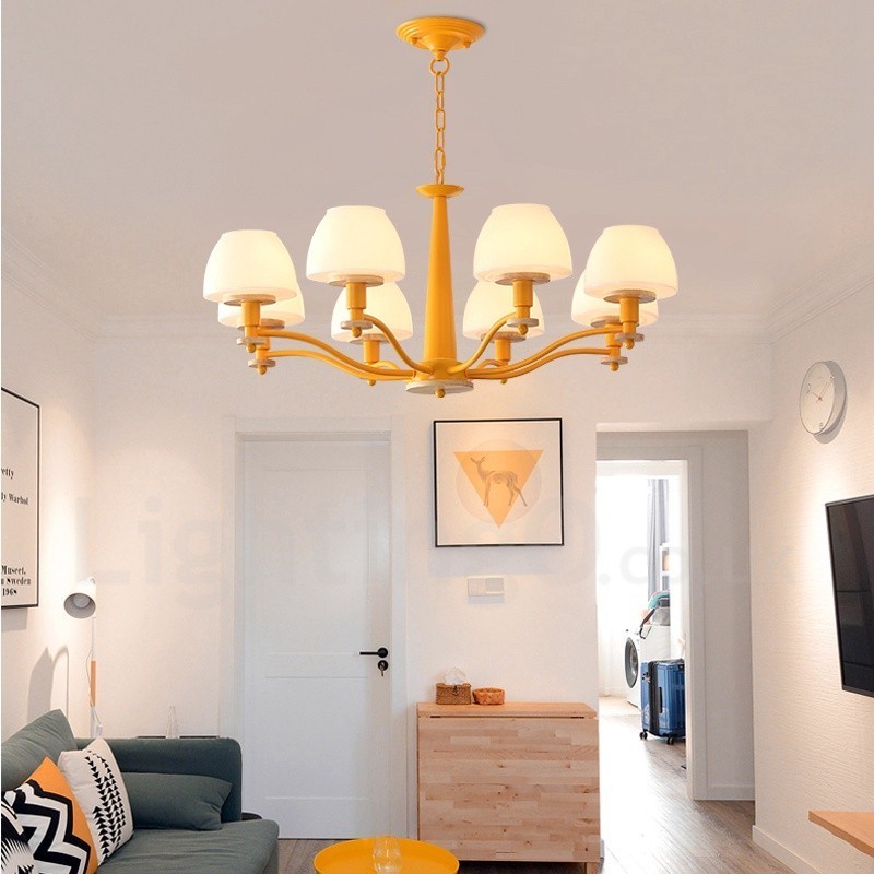 6 Light 8 Light Multi Colours Macaron Wood Pendant Light with Glass Shades Chandelier Nordic Style