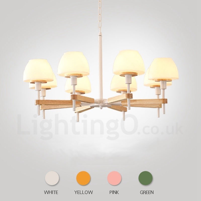 6 Light 8 Light Multi Colours Macaron Wood Pendant Light with Glass Shades Chandelier Nordic Style