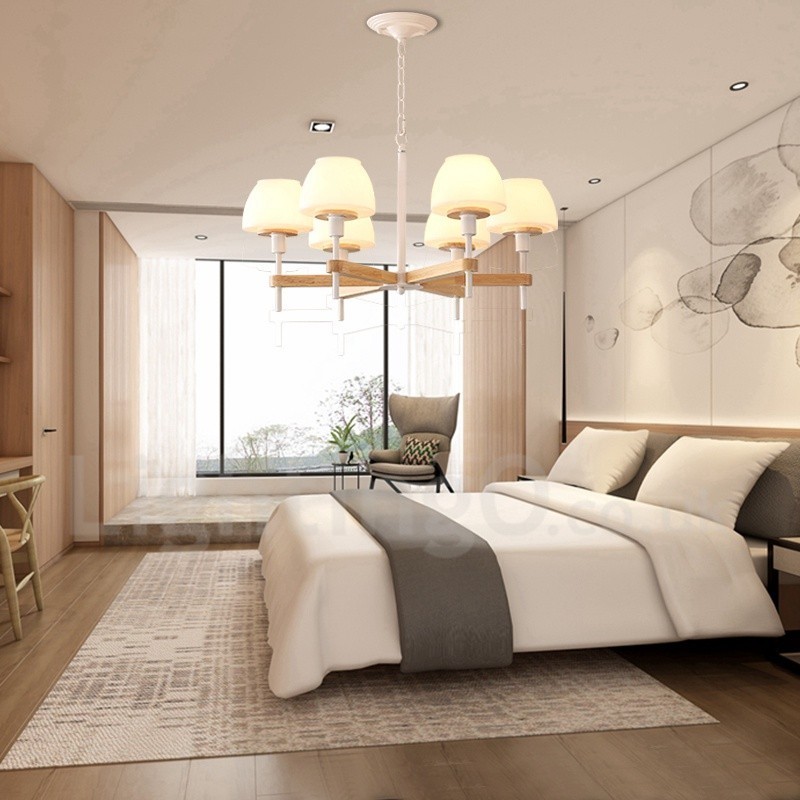 6 Light 8 Light Multi Colours Macaron Wood Pendant Light with Glass Shades Chandelier Nordic Style