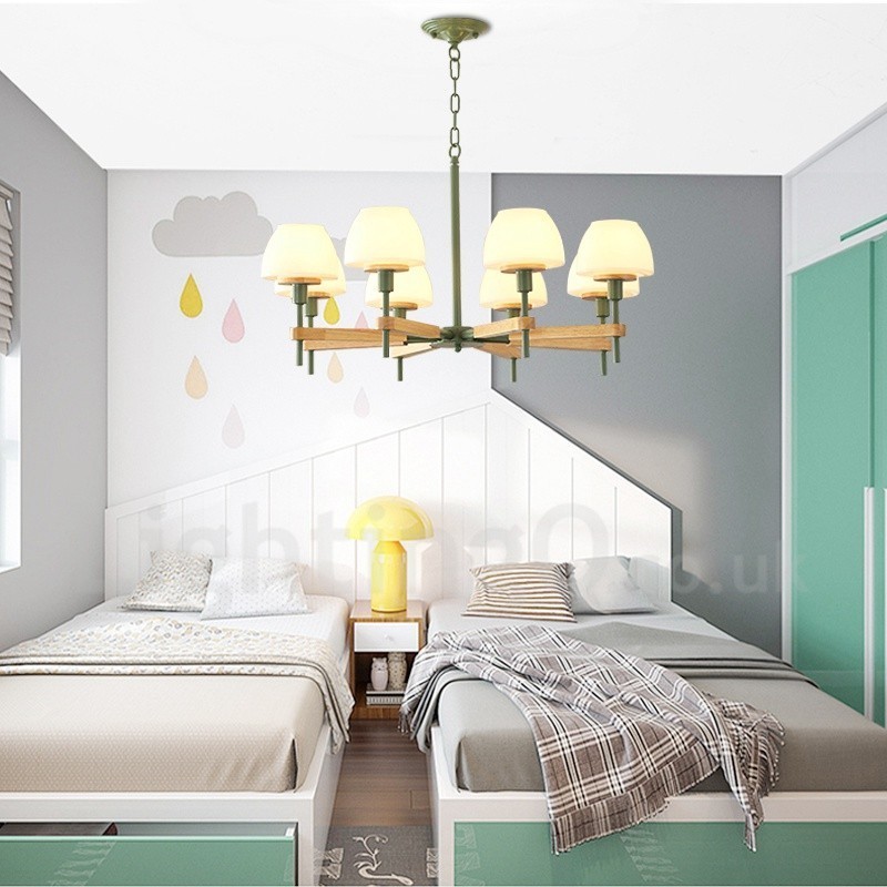 6 Light 8 Light Multi Colours Macaron Wood Pendant Light with Glass Shades Chandelier Nordic Style