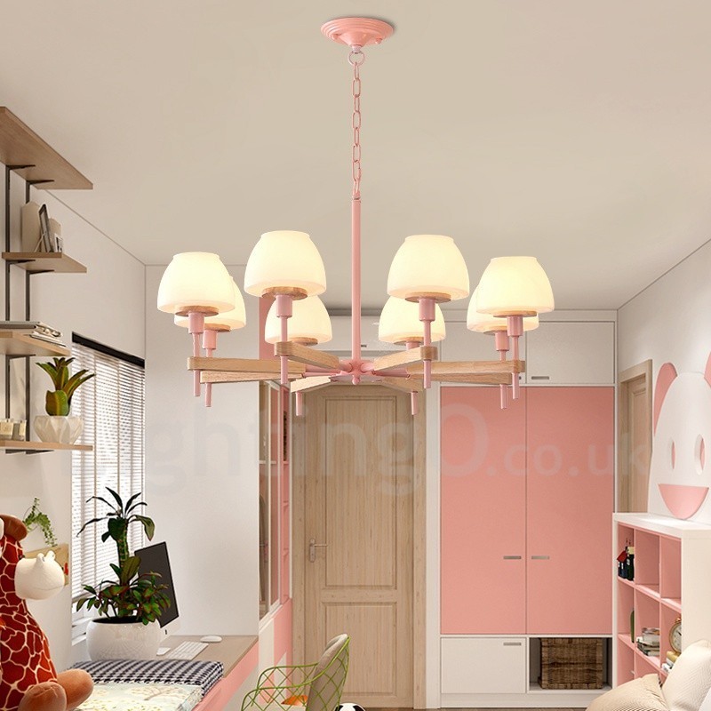 6 Light 8 Light Multi Colours Macaron Wood Pendant Light with Glass Shades Chandelier Nordic Style