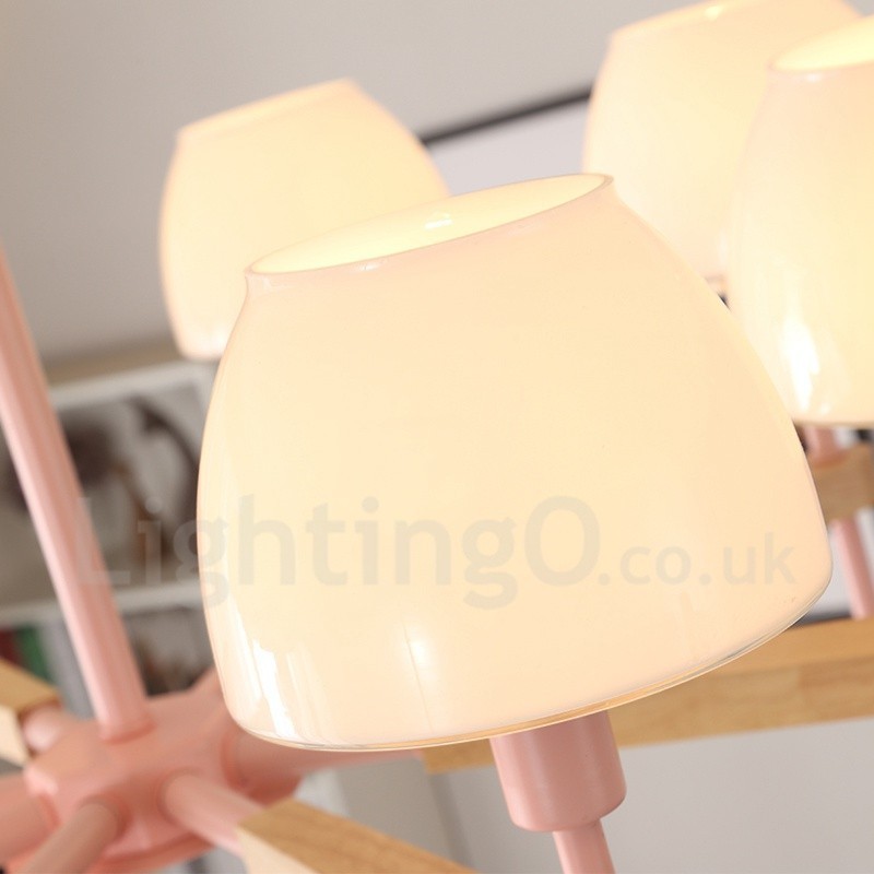 6 Light 8 Light Multi Colours Macaron Wood Pendant Light with Glass Shades Chandelier Nordic Style