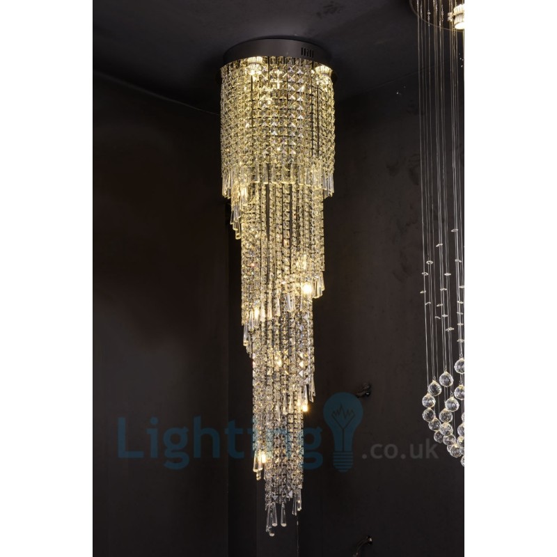 4 x GU10 + 8 x G4 150CM Long Crystal Drop Light Modern K9 Crystal Round Flush Mount Ceiling Light
