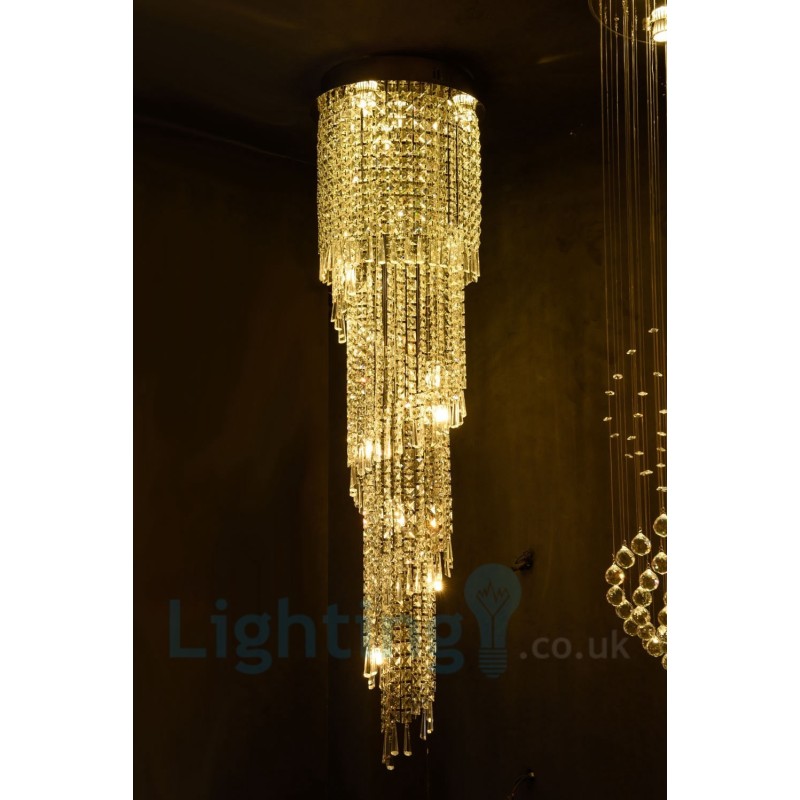 4 x GU10 + 8 x G4 150CM Long Crystal Drop Light Modern K9 Crystal Round Flush Mount Ceiling Light