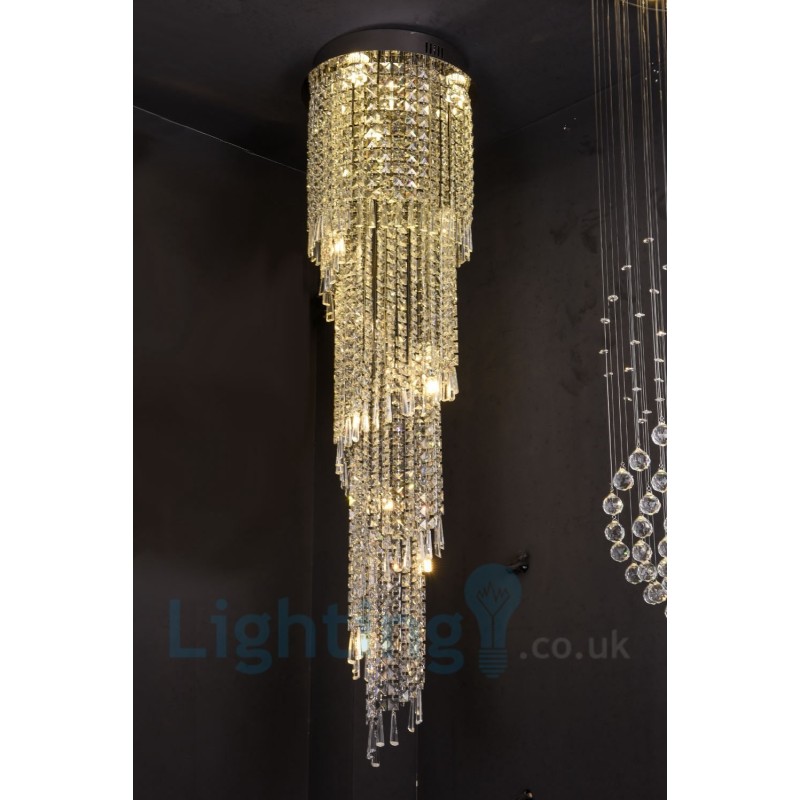 4 x GU10 + 8 x G4 150CM Long Crystal Drop Light Modern K9 Crystal Round Flush Mount Ceiling Light