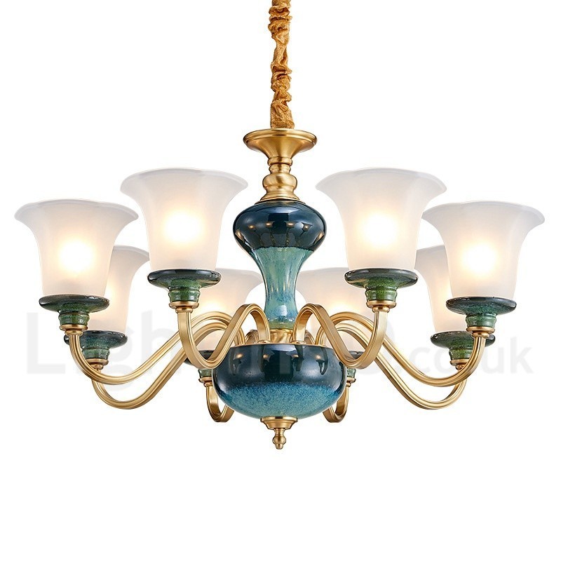 Retro Vintage Brass Ceramics Pendant Candle Chandelier with Glass Shades