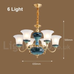 Retro Vintage Brass Ceramics Pendant Candle Chandelier with Glass Shades
