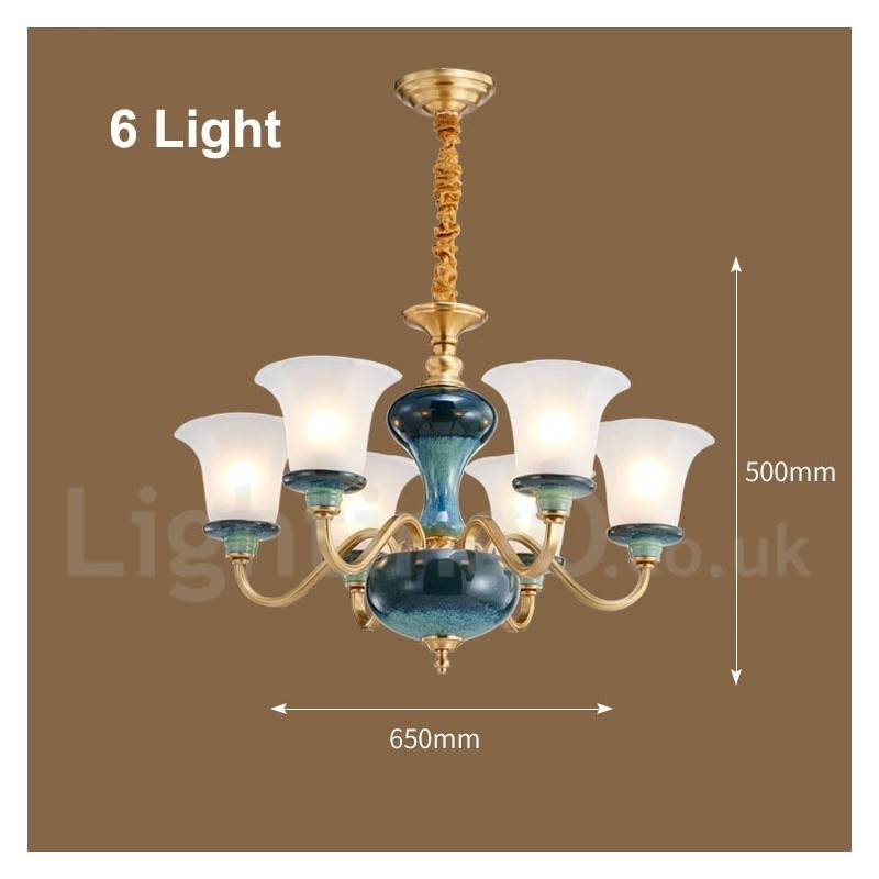 Retro Vintage Brass Ceramics Pendant Candle Chandelier with Glass Shades