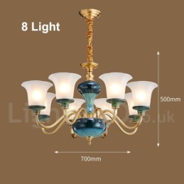 Retro Vintage Brass Ceramics Pendant Candle Chandelier with Glass Shades