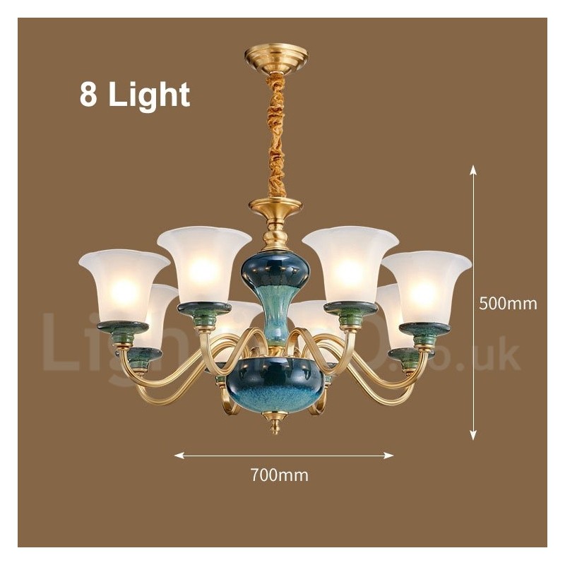 Retro Vintage Brass Ceramics Pendant Candle Chandelier with Glass Shades